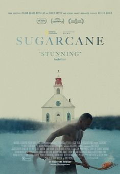 a movie poster for the film sugar cane, featuring a man holding a stick in front of a church