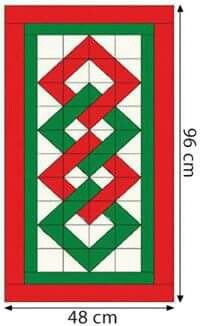 a red and green quilted wall hanging with the measurements for each piece in it