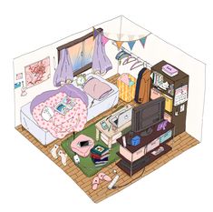 a room with a bed, tv and other items on the floor next to it