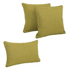 Blazing Needles Indoor/Outdoor Spun Polyester Throw Pillows (Set of 3) - Avocado Add a touch of style and comfort to your patio furnishings with this Indoor/Outdoor Pillow Set with two 18-inch throw pillows and one 12x20-inch back support pillows, featuring an elegant corded style and a removable insert that allows for easy cleaning. Add a touch of style and comfort to your patio furnishings with this Indoor/Outdoor Pillow Set with two 18-inch throw pillows and one 12x20-inch back support pillows, featuring an elegant corded style and a removable insert that allows for easy cleaning Product Materials - 100% Spun Polyester Solid Color Throw Pillows, Back Support Pillow, Decor Pillows, Accent Throw Pillows, Outdoor Cushions And Pillows, Indoor Outdoor Pillows, Contemporary Outdoor, Support Pillows, Back Support