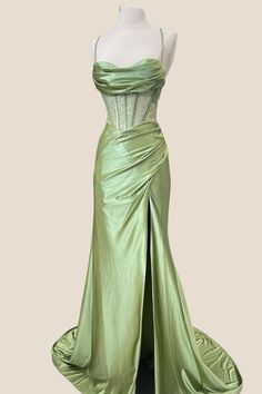 Seafoam Green Formal Dress, Sage Green Hoco Dress Long, Olive Green Dress Prom, Tiana Style Prom Dress, Light Green Floor Length Dress, Green Sage Bridesmaid Dresses, Light Green Corset Dress, Tiana Princess And The Frog Prom Dress, Tiana Inspired Dress Prom