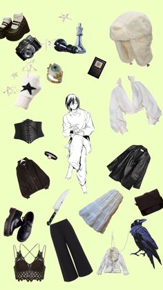 an assortment of clothing and accessories arranged on a green background