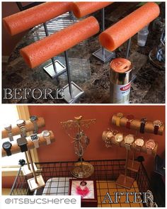 before and after photos of a kitchen countertop with orange colored items on the shelves