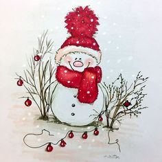 a drawing of a snowman wearing a red hat and scarf