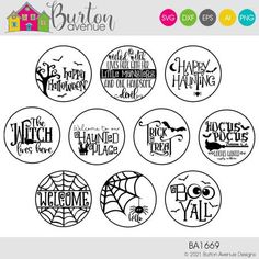 six halloween badges with the words happy halloween and spider webs on them, all in black