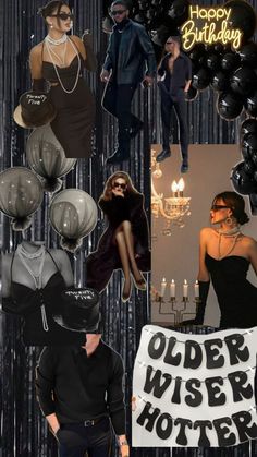 a collage of black and white photos with balloons, hats, and other items