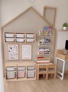 a child's playroom with toys and books on the shelves, along with toy storage bins