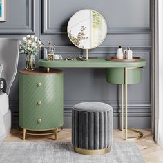 a dressing table with stools and a mirror on the wall in a gray room