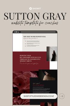 the website design for suton gray is shown in red and black, with an image of