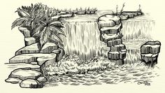 an ink drawing of a waterfall with palm trees and rocks in the foreground, on a white paper background