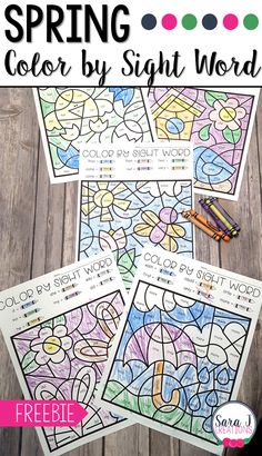 four coloring pages with the words spring color by sight word and crayon pencils