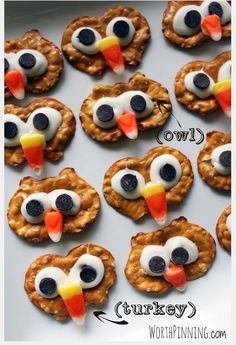 several cookies decorated like turkeys with eyes and noses