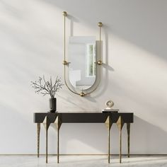 a console table with two vases and a mirror on the wall above it in a white room