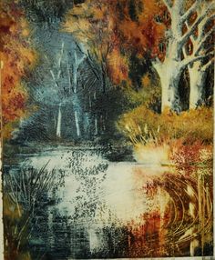 a painting with trees and water in the background