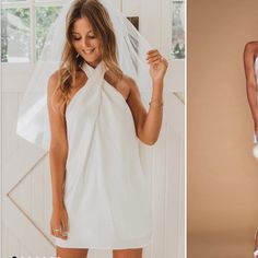 a woman wearing a white dress and veil next to a photo of a bride in her wedding gown