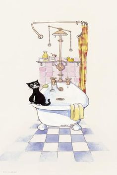 a drawing of a cat sitting in a bathtub