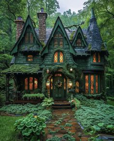 a green house in the woods with lots of greenery on it's roof