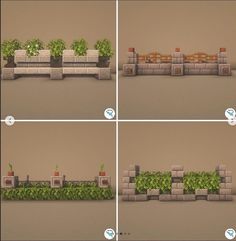 four different views of a planter made out of bricks and cement blocks with plants growing in them