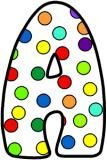 the letter g is decorated with multicolored polka dots and has a black outline