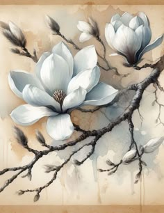 a painting of two white flowers on a branch