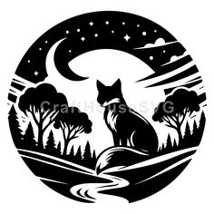 a black and white image of a fox sitting in the woods at night with stars and moon