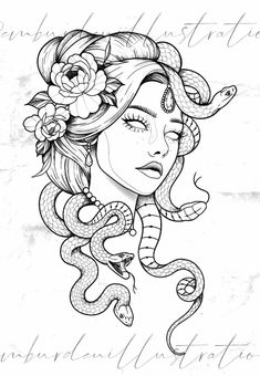 a drawing of a woman with a snake on her head and flowers in her hair