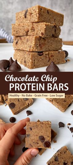 chocolate chip protein bars stacked on top of each other with text overlay that reads, chocolate chip protein bars