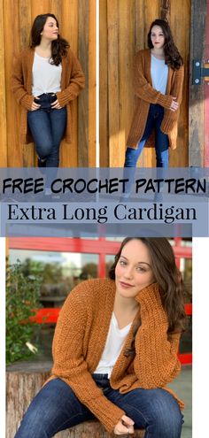 the free crochet pattern for extra long cardigan is available in sizes ranging from small to large