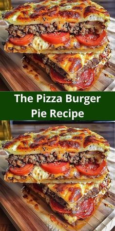 the pizza burger is stacked on top of each other and ready to be cut into pieces