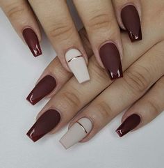 nail 2024 wine nail design winter nail red nail long nail short nail nail design2024 beauty nail nail art Nails For Marron Dresses, Dark Red Matte Nails With Design, Fall Burgundy Nails Matte, Maroon And Beige Nails, Nail Designs Maroon Burgundy, Elegant Maroon Nails, Maroon Nails With Gold Design, Burgundy Nail Art Designs Classy, Burgundy And Tan Nails