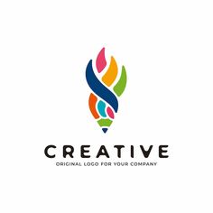 the logo for creative company with colorful shapes and lines on it's side, as well as an arrow