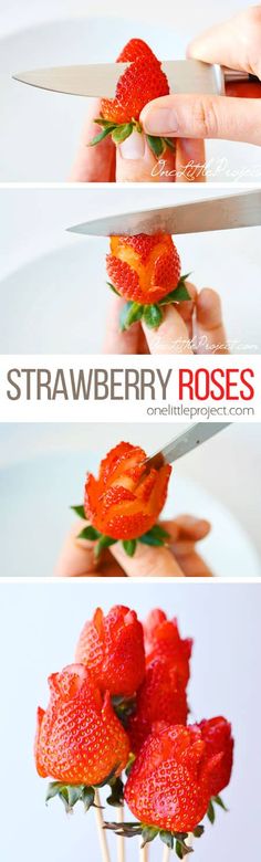 there are three pictures of strawberries being cut into flowers and placed on top of each other