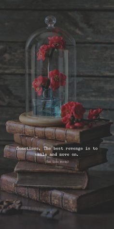 some red flowers are in a glass vase on top of two old books and the quote sometimes, the best revenge is to make money and move on