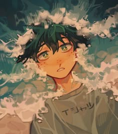 an anime character with green hair and blue eyes standing in front of the ocean waves