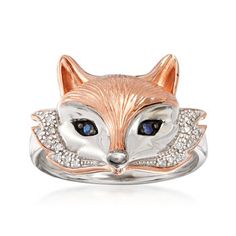 Ross-Simons - Two-Tone Silver Fox Ring, Sapphire, Diamond Accents. Size 8. An RS exclusive. This ring portrays the intriguing forest creature in style! Crafted of textured and polished sterling silver and 18kt rose gold over sterling silver with black rhodium, the fox comes to life with sapphire-accented eyes and diamond-accented tufts. 5/8" wide. Two-tone sterling silver fox ring. Sapphire birthstones are the perfect gift for September birthdays. Fox Ring, Fox Earrings, Fox Pendant, Sapphire Birthstone, Ring Sapphire, Animal Rings, Sapphire Color, Jewelry Essentials, Silver Fox