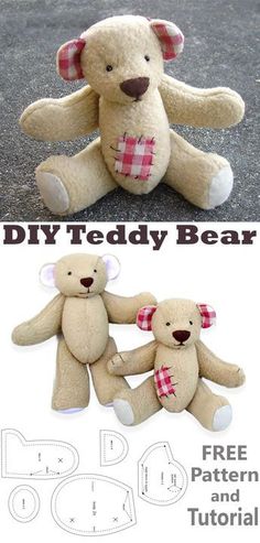 two teddy bears sitting next to each other with the words diy teddy bear on them