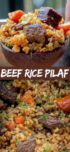 two pictures show different types of rice and meat in the same bowl, with text overlay that reads beef rice pilaf