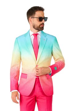 A 3-piece suit set features a bright and bold ombre print on a jacket, pants and tie for an eye-catching look. 3-piece set
 Jacket: notch collar, long sleeves Pants: zip fly with button closure, side pockets Matching tie included 100% polyester Machine wash, line dry Imported Model stats: 6'1" height, 32" waist. Model is wearing size 40. Prom Men Outfit, Dressy Casual Wedding, Casual Wedding Ceremony, Funny Prom, Prom Men, Kids Costumes Girls, Bachelor Parties, Colorful Clothes, Costume Themes