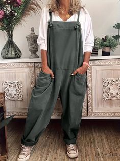 Lasaky - Adjustable Loose Suspender Pants with Solid Color, Casual Pocket Jumpsuit Tied with Belt Green Overalls Outfits, Green Overalls, Pocket Jumpsuit, Overall Jumpsuit, Suspender Pants, Bib Overalls, Plus Size Jumpsuit, Deep Gray, Elastic Waist Pants