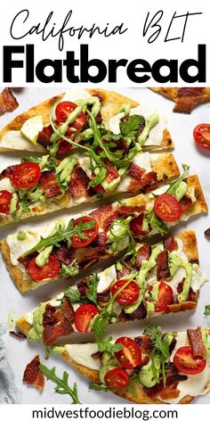 an image of a flatbread with bacon and avocado on it, topped with lettuce