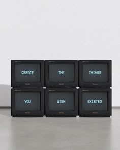 six old televisions with the words create, you, ush, and others written on them