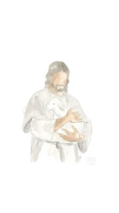 a drawing of a man holding a baby in his arms with an adult sheep behind him