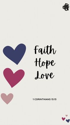 two hearts with the words faith hope and love on them in black, pink, blue and