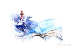 an open book with a lighthouse in the background and blue watercolors on it