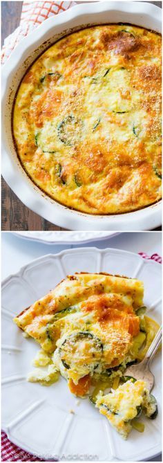 two different views of an egg casserole with cheese and spinach on top