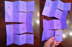 two pictures of purple paper with numbers cut out to spell the word's name