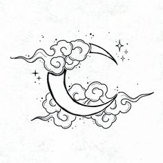 a crescent moon with clouds and stars in the sky