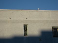 two windows on the side of a white building with blue sky in the back ground