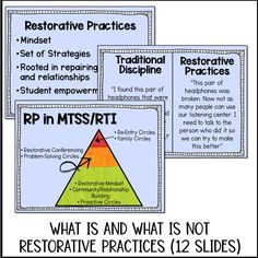 three posters with the words restorative practices and an image of a triangular triangle