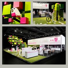 an exhibition booth with green, pink and white colors on the walls is shown in three different photos